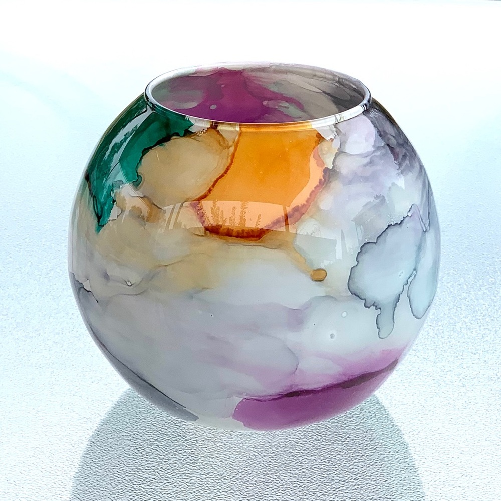 Artistic Watercolor Round Fish Bowl-Shaped Glass Vase, Vintage - Picture 3 of 6